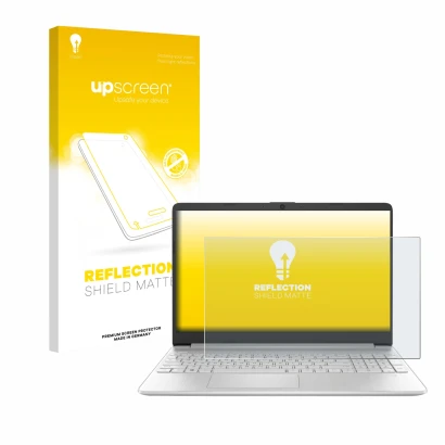 Front side of a product packaging with the brand logo upscreen. Next to it is the device HP 15s-fq2000 shown with the correspo