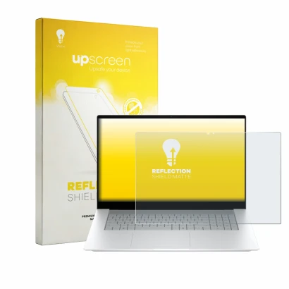 Front side of a product packaging with the brand logo upscreen. Next to it is the device HP OmniBook X 17-de0776ngx shown with