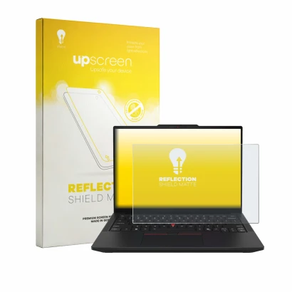 Front side of a product packaging with the brand logo upscreen. Next to it is the device Lenovo ThinkPad T14 Gen 7 shown with