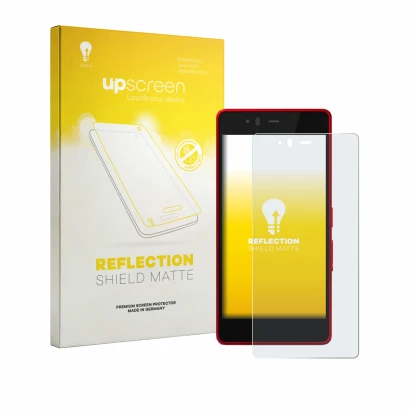 Front side of a product packaging with the brand logo upscreen. Next to it is the device Fujitsu Arrows M04 shown with the cor