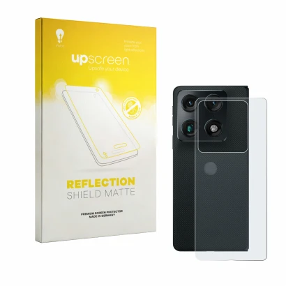 Front side of a product packaging with the brand logo upscreen. Next to it is the device Motorola Razr Fold (Back) shown with 