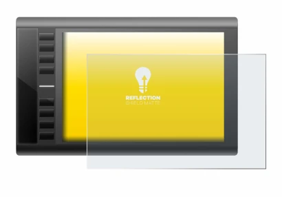 Image of the device Ugee M708 with a wide variety of screen protectors.