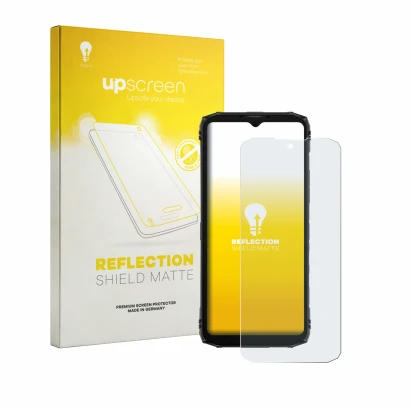 Front side of a product packaging with the brand logo upscreen. Next to it is the device Doogee Blade 10 Energy shown with the