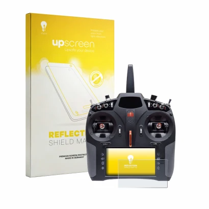 Front side of a product packaging with the brand logo upscreen. Next to it is the device Spektrum iX14 Plus Special Edition sh