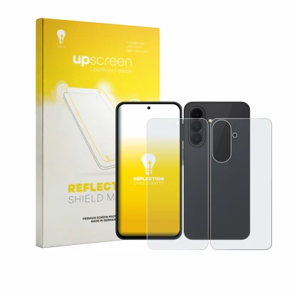Front side of a product packaging with the brand logo upscreen. Next to it is the device Samsung Galaxy A27 5G (Front+Back) sh