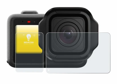 Image of the device GoPro Mission 1 with a wide variety of screen protectors.