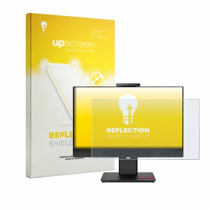 Front side of a product packaging with the brand logo upscreen. Next to it is the device Lenovo ThinkCentre TIO24 Gen 6 shown