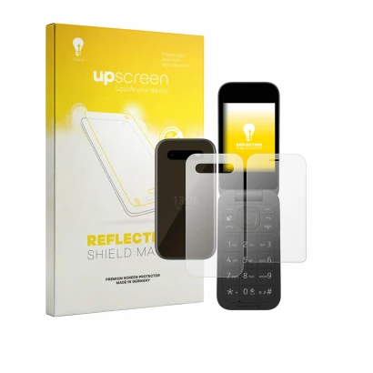 Front side of a product packaging with the brand logo upscreen. Next to it is the device HMD 2660 Flip 4G (Front+Back) shown w