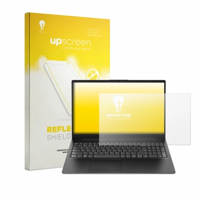 Front side of a product packaging with the brand logo upscreen. Next to it is the device Lenovo V15 Gen 7 shown with the corre