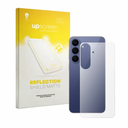 Front side of a product packaging with the brand logo upscreen. Next to it is the device Samsung Galaxy S26 FE (Back) shown wi
