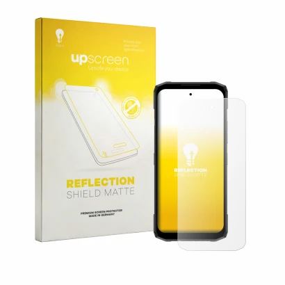 Front side of a product packaging with the brand logo upscreen. Next to it is the device Doogee Blade 20 Plus shown with the c