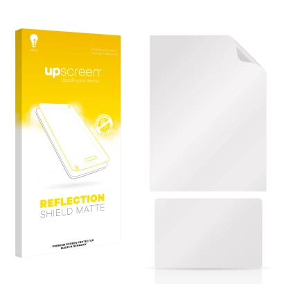 Front side of a product packaging with the brand logo upscreen. Next to it is the corresponding screen protector.