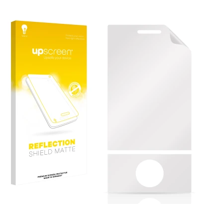 Front side of a product packaging with the brand logo upscreen. Next to it is the corresponding screen protector.