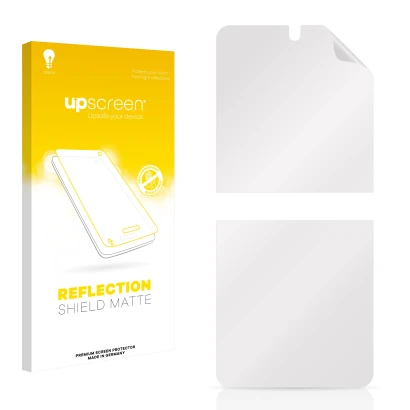 Front side of a product packaging with the brand logo upscreen. Next to it is the corresponding screen protector.