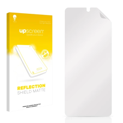 Front side of a product packaging with the brand logo upscreen. Next to it is the corresponding screen protector.