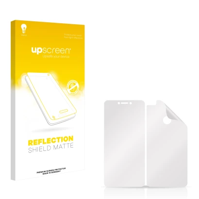 Front side of a product packaging with the brand logo upscreen. Next to it is the corresponding screen protector.