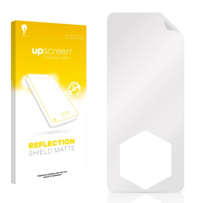 Front side of a product packaging with the brand logo upscreen. Next to it is the corresponding screen protector.
