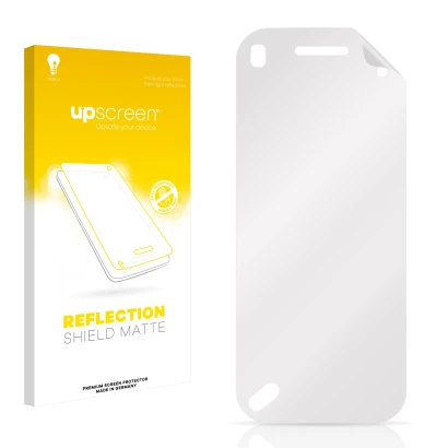 Front side of a product packaging with the brand logo upscreen. Next to it is the corresponding screen protector.