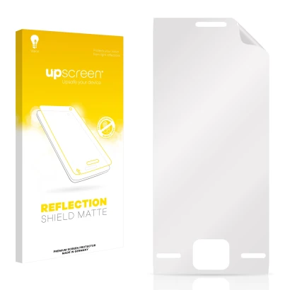 Front side of a product packaging with the brand logo upscreen. Next to it is the corresponding screen protector.