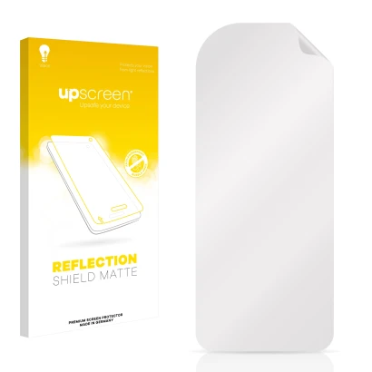 Front side of a product packaging with the brand logo upscreen. Next to it is the corresponding screen protector.