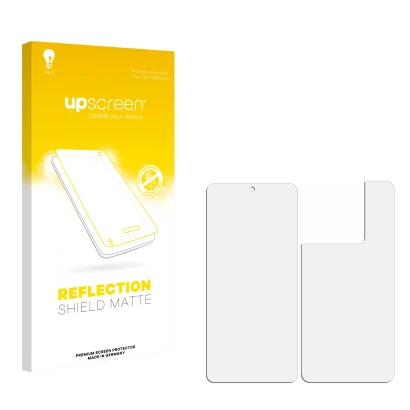 Front side of a product packaging with the brand logo upscreen. Next to it is the corresponding screen protector.