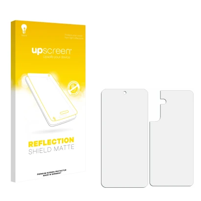 Front side of a product packaging with the brand logo upscreen. Next to it is the corresponding screen protector.