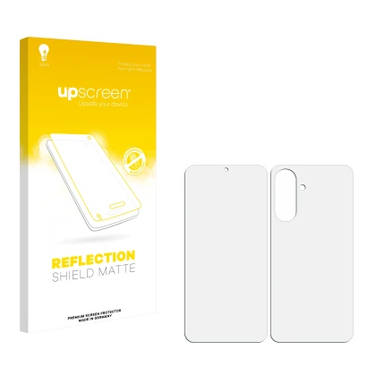 Front side of a product packaging with the brand logo upscreen. Next to it is the corresponding screen protector.