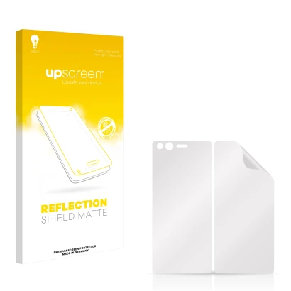 Front side of a product packaging with the brand logo upscreen. Next to it is the corresponding screen protector.