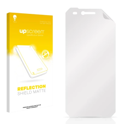 Front side of a product packaging with the brand logo upscreen. Next to it is the corresponding screen protector.