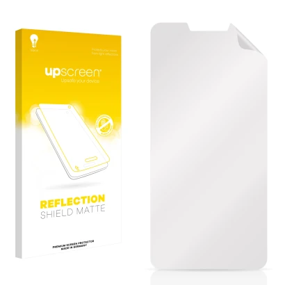 Front side of a product packaging with the brand logo upscreen. Next to it is the corresponding screen protector.