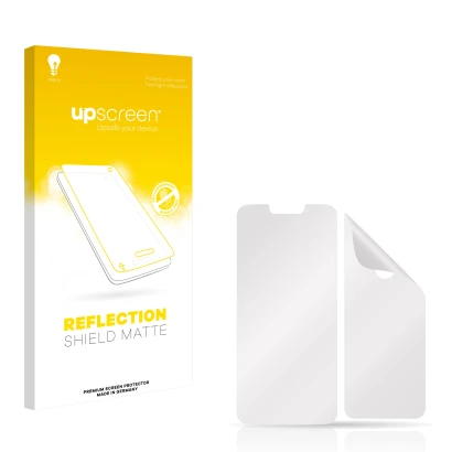 Front side of a product packaging with the brand logo upscreen. Next to it is the corresponding screen protector.