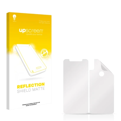 Front side of a product packaging with the brand logo upscreen. Next to it is the corresponding screen protector.