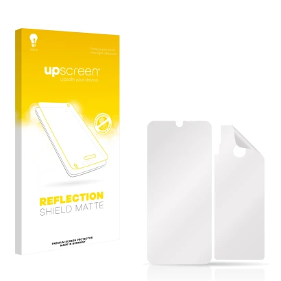 Front side of a product packaging with the brand logo upscreen. Next to it is the corresponding screen protector.