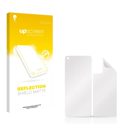 Front side of a product packaging with the brand logo upscreen. Next to it is the corresponding screen protector.
