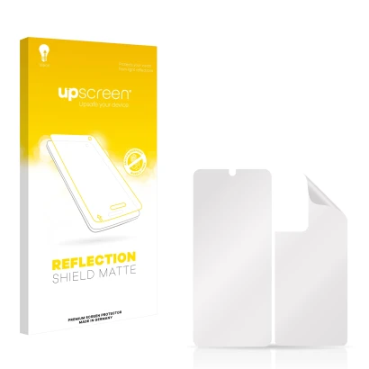 Front side of a product packaging with the brand logo upscreen. Next to it is the corresponding screen protector.