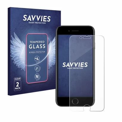 Front side of a product packaging with the brand logo Savvies. Next to it is the device Apple iPhone 7 shown with the correspo