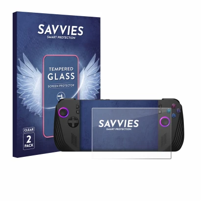 Front side of a product packaging with the brand logo Savvies. Next to it is the device ASUS ROG Ally X (2024) shown with the 
