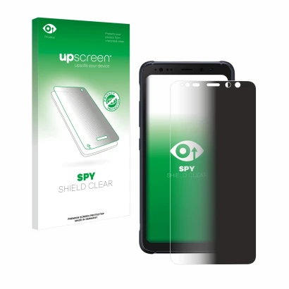 Front side of a product packaging with the brand logo upscreen. Next to it is the device Samsung Galaxy S8 Active shown with t