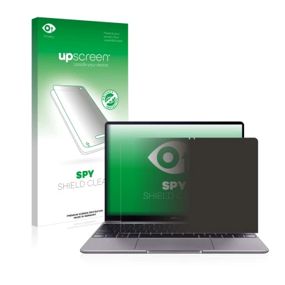 Front side of a product packaging with the brand logo upscreen. Next to it is the device Huawei MateBook 13 2019 shown with th