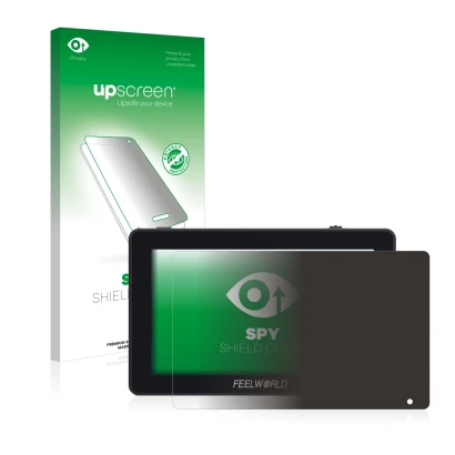 Front side of a product packaging with the brand logo upscreen. Next to it is the device Feelworld F6 Plus shown with the corr