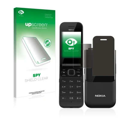 Front side of a product packaging with the brand logo upscreen. Next to it is the device Nokia 2720 Flip shown with the corres