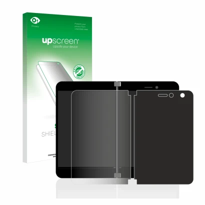 Front side of a product packaging with the brand logo upscreen. Next to it is the device Microsoft Surface Duo shown with the