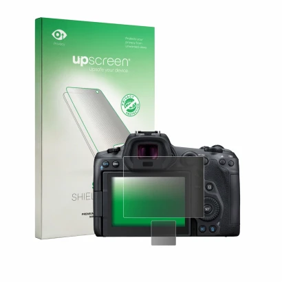 Front side of a product packaging with the brand logo upscreen. Next to it is the device Canon EOS R5 shown with the correspon