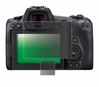 Image of the device Canon EOS R5 with a wide variety of screen protectors.
