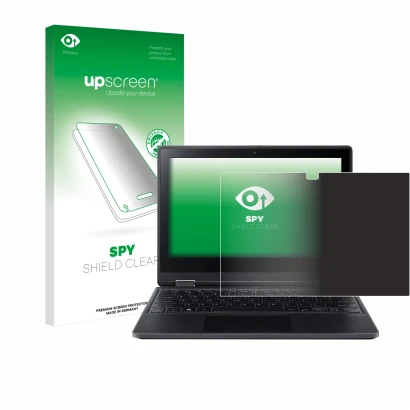 Front side of a product packaging with the brand logo upscreen. Next to it is the device Acer TravelMate Spin B3 shown with th