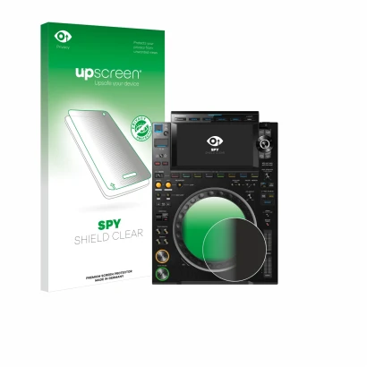 Front side of a product packaging with the brand logo upscreen. Next to it is the device Pioneer CDJ 3000 (circle) shown with