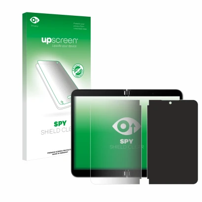 Front side of a product packaging with the brand logo upscreen. Next to it is the device Microsoft Surface Duo 2 (Inner displa