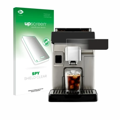 Front side of a product packaging with the brand logo upscreen. Next to it is the device DeLonghi Eletta Explore shown with th