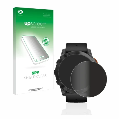 Front side of a product packaging with the brand logo upscreen. Next to it is the device Garmin Fenix 7X Pro Solar (51 mm) sho