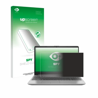 Front side of a product packaging with the brand logo upscreen. Next to it is the device HP 250 G9 shown with the correspondin